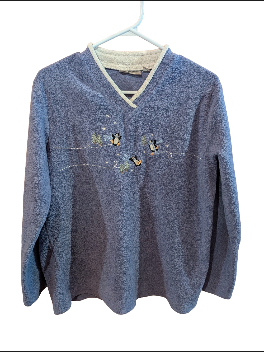 croft & barrow Blue Fleece Sweater with Penguin Embroidery